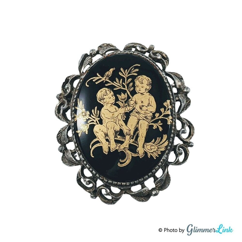 Vintage Two Boys Garden Oval Black Gold Enamel Silver Tone Brooch Pendant